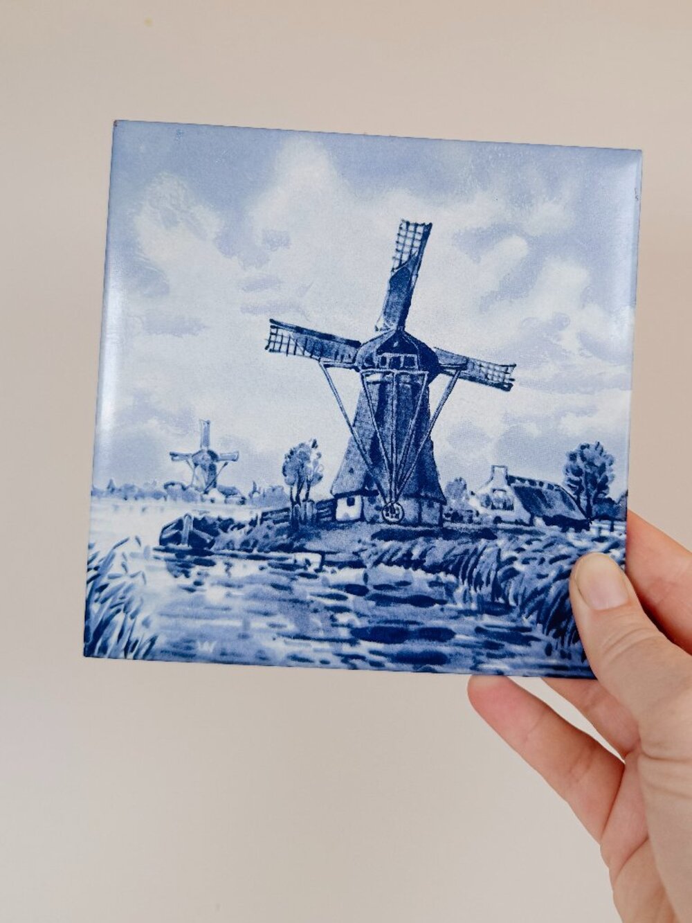 Vintage Delft Blue Ceramic Tile 6x6 Square Windmill Scene Holland Handpainted